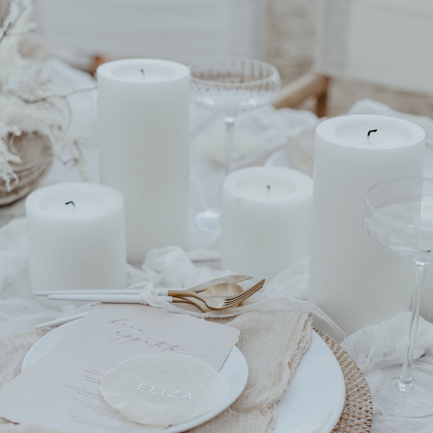 Textured white pillar candles